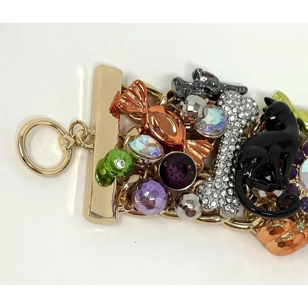Betsey Johnson Halloween Toggle Bracelet Black Cat Spider Bat Candy Charms Wide